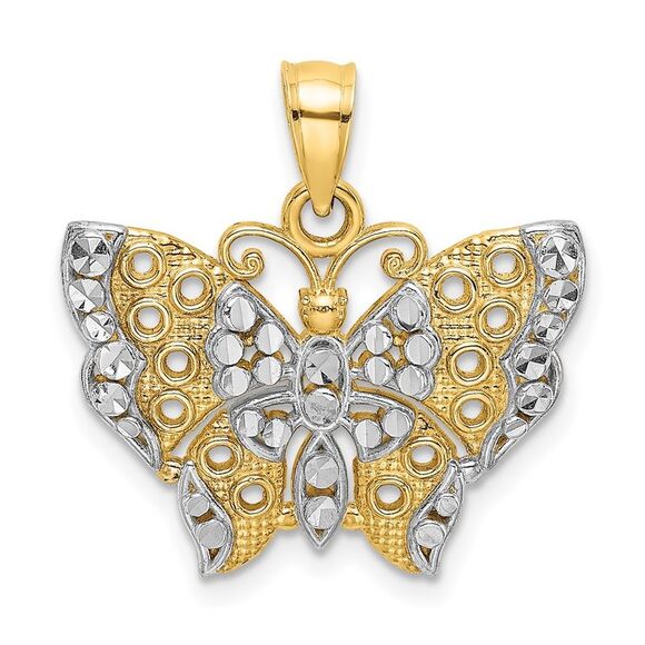 10K Yellow Gold w/Rhodium Butterfly w/White Edge & Cut-out Wings